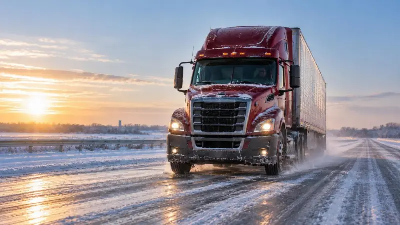 A red semi truck driving down a snowy highway road